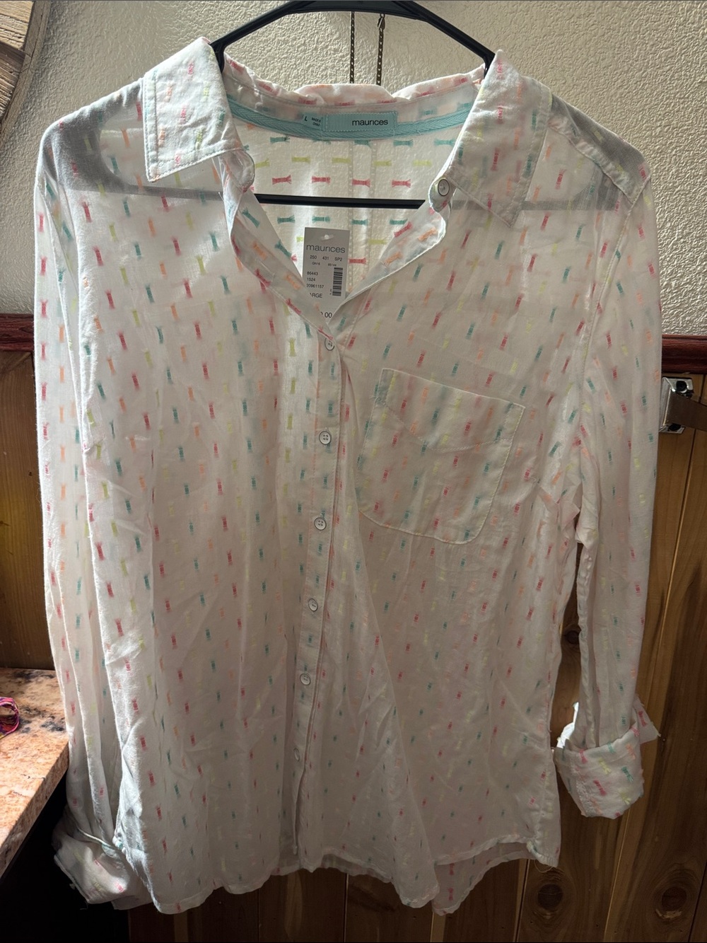Maurices White Button-Down Shirt with Pink, Green and Yellow Accents